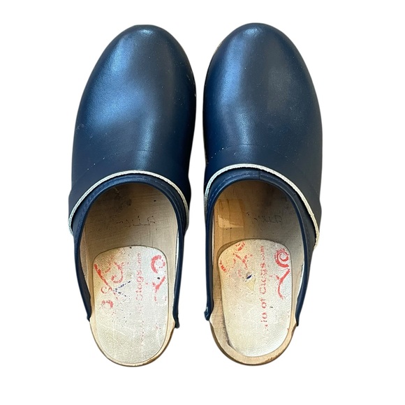Vintage Wooden Sole Navy Leather Slip On Scandinavian Style Clogs EU 40 USA 9 - Picture 2 of 9